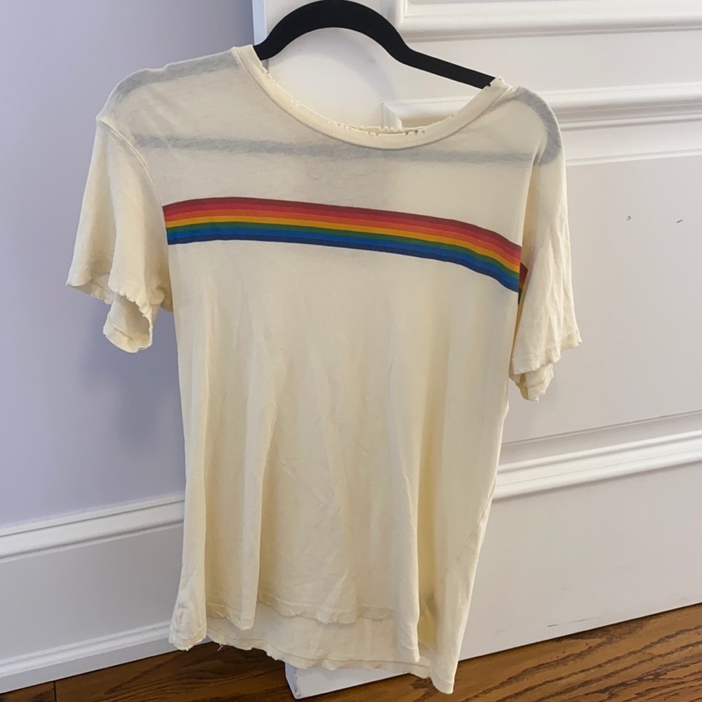 Cream aviator nation tee with rainbow stripe